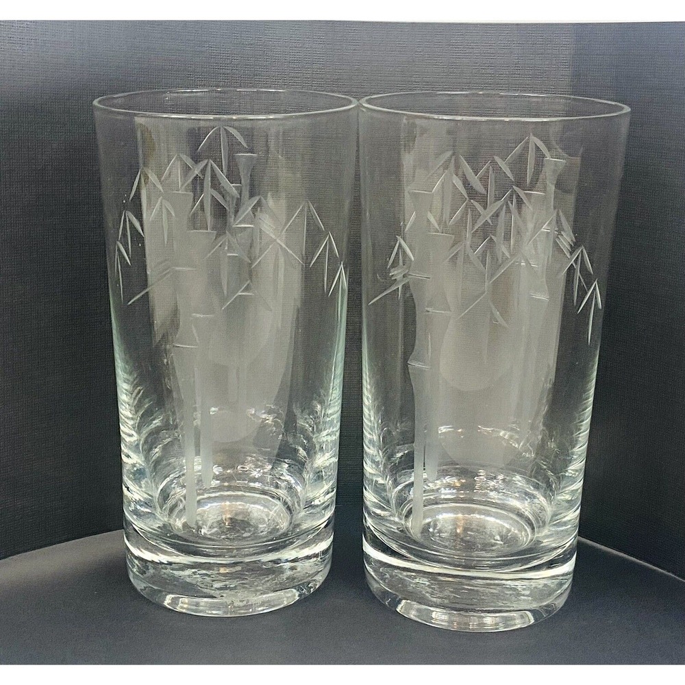 Vtg NORITAKE SASAKI Bamboo Etched Tom Collins Highball Glass Tumblers 5.25"